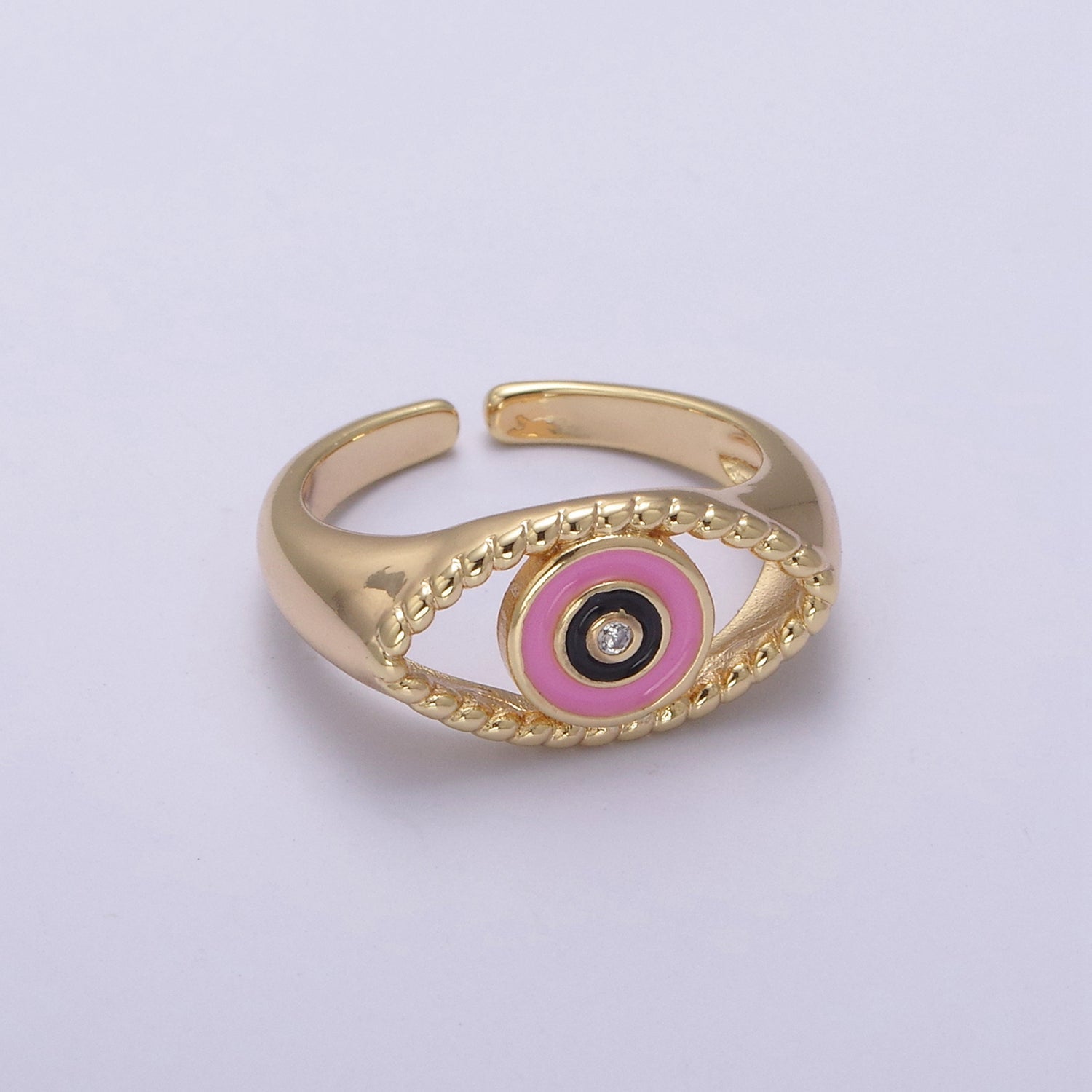 24K Gold plated Blue, White, Black, Pink Enamel CZ Open Evil Eye Signet Ring | U254 - U257