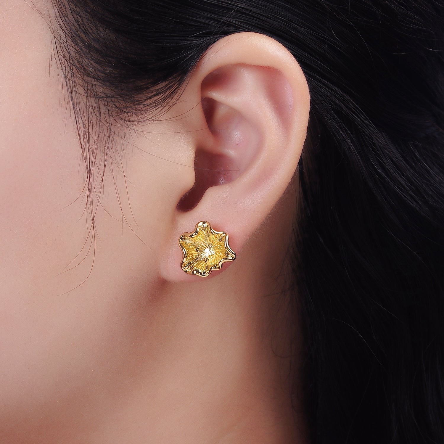 24K Gold plated Flower Sunburst Molten Stud Earrings | V067 - DLUXCA
