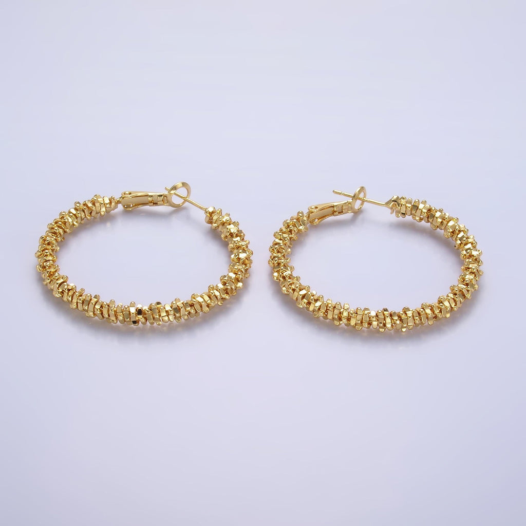 18K Gold plated 40mm Geomatic Edged Bead Hinge Hoop Earrings | V263