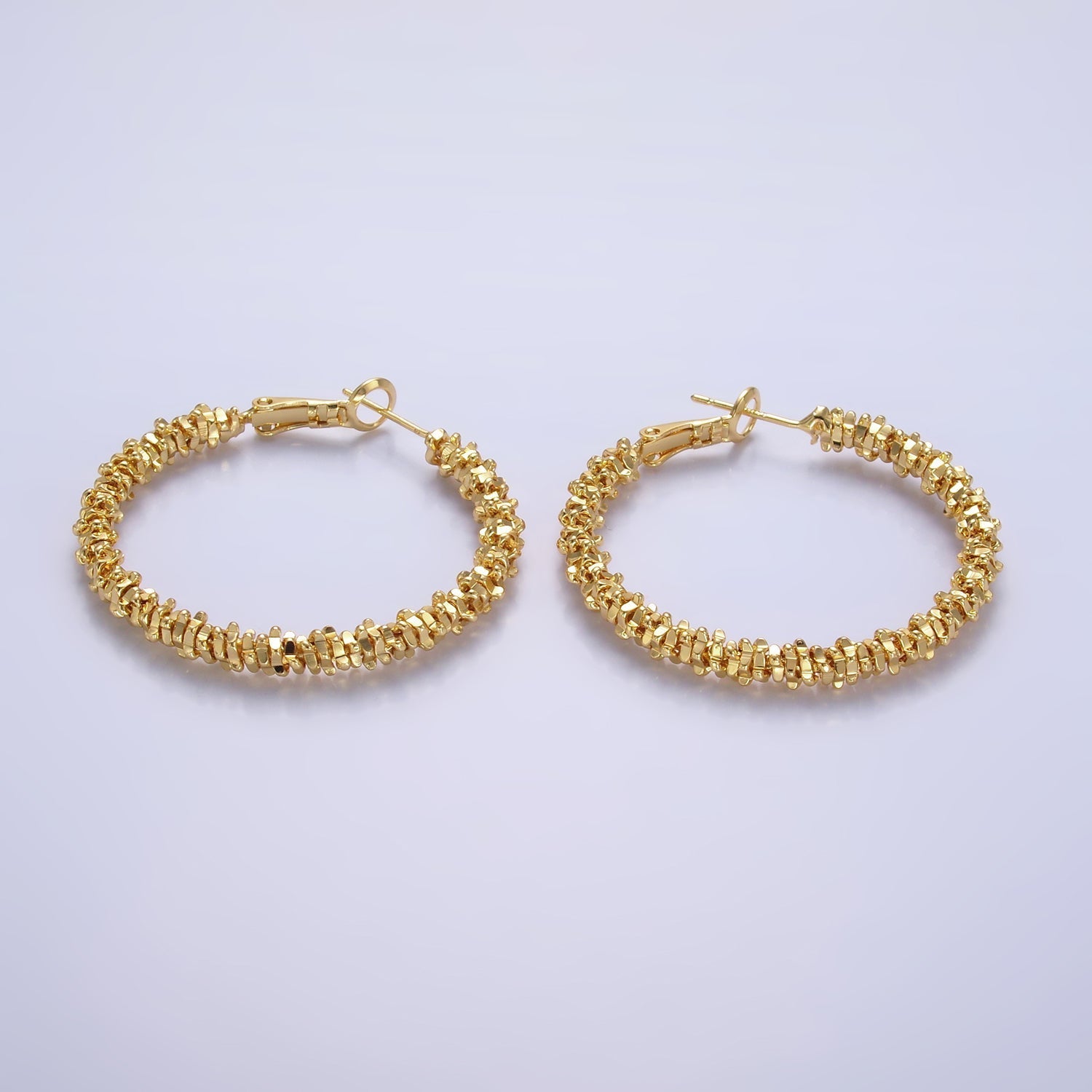 18K Gold plated 40mm Geomatic Edged Bead Hinge Hoop Earrings | V263