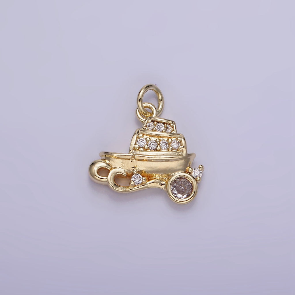 14K Gold plated 14mm Vehicle Motor Sea Boat CZ Micro Paved Charm in Gold & Silver | W537