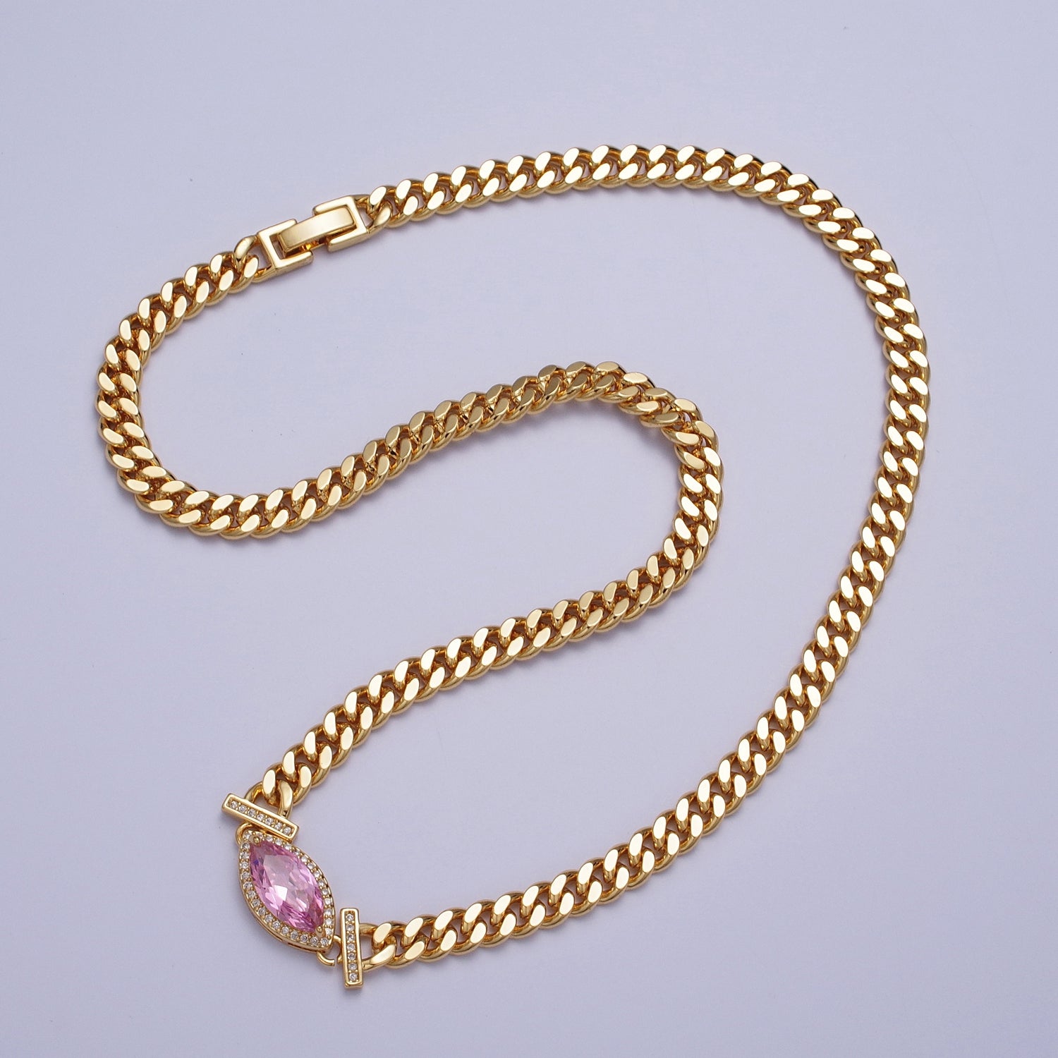 16K Gold plated 6mm Marquise Micro Paved CZ Solitaire Curb Chain 18 Inch Necklace | WA-01212