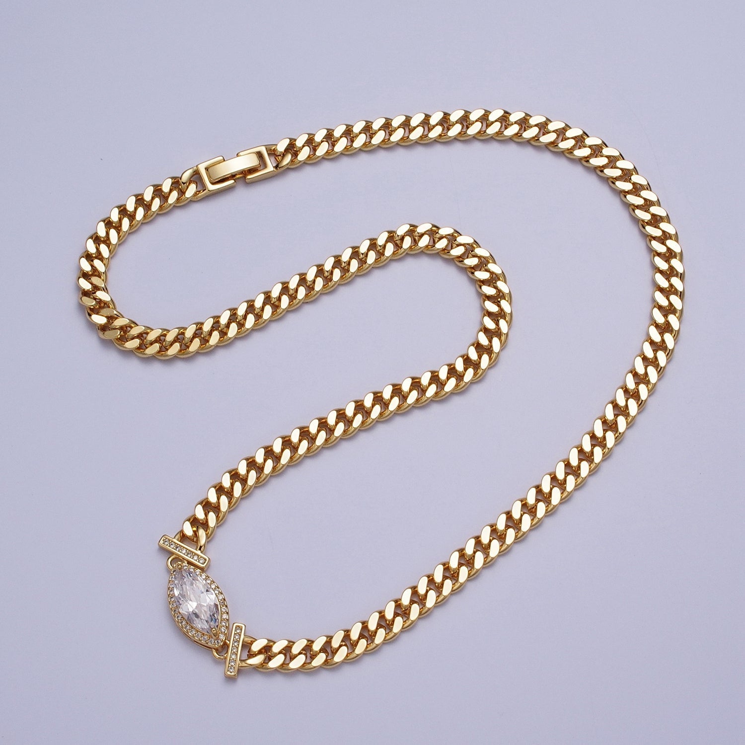 16K Gold plated 6mm Marquise Micro Paved CZ Solitaire Curb Chain 18 Inch Necklace | WA-01212