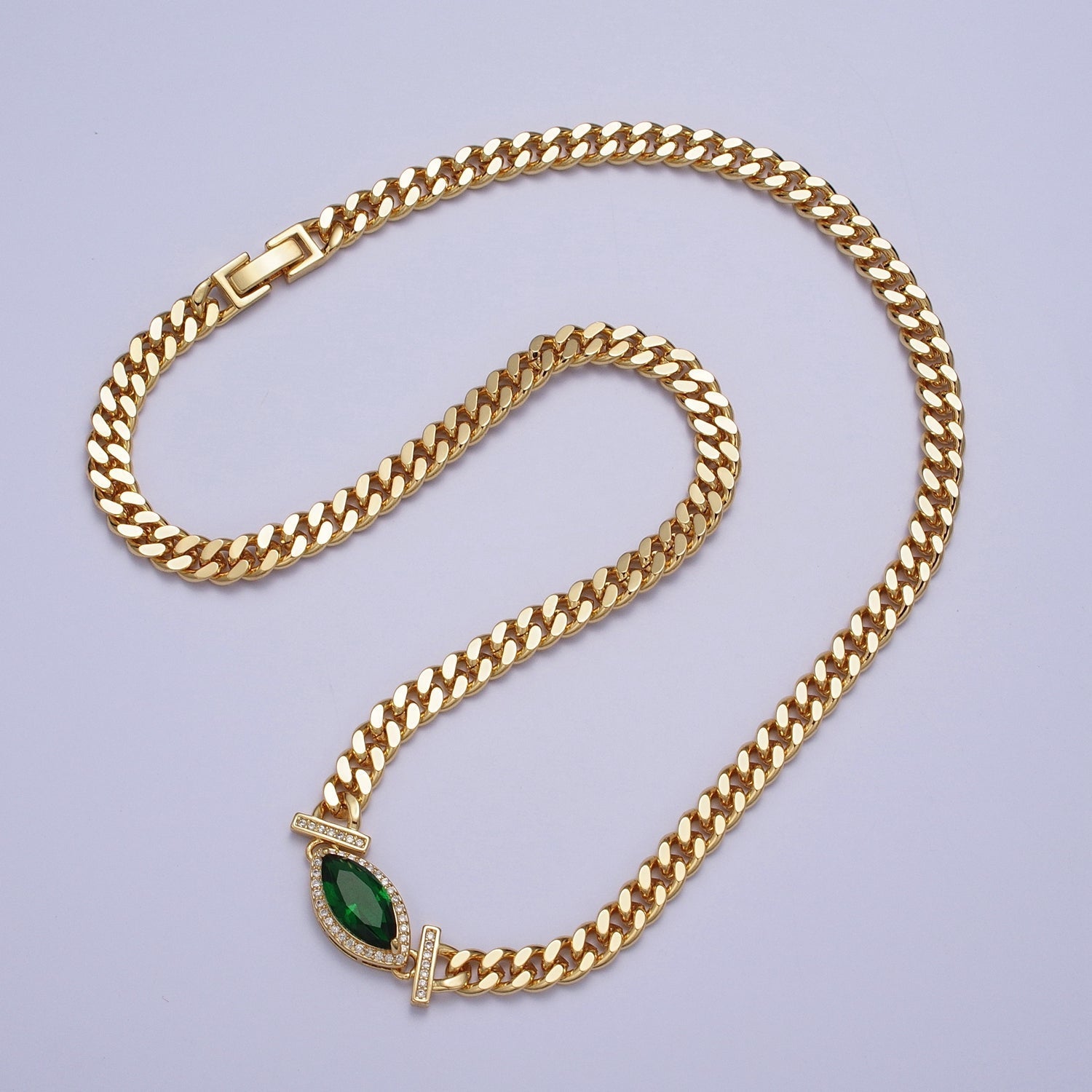 16K Gold plated 6mm Marquise Micro Paved CZ Solitaire Curb Chain 18 Inch Necklace | WA-01212