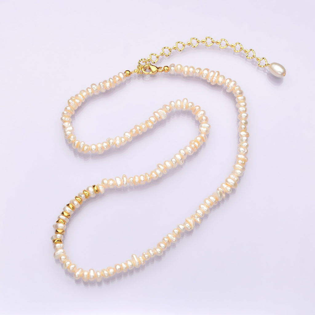 17.5 Inch Half 4.5mm Pearl Seed w. Gold Spacer Beads, Half Textured Heart Chain Necklace | WA-1450 Clearance Pricing