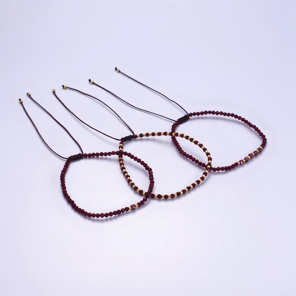 14K Gold plated Red Garnet Multifaceted Rope Adjustable Friendship Bracelet | WA-02016 ~ WA-02164