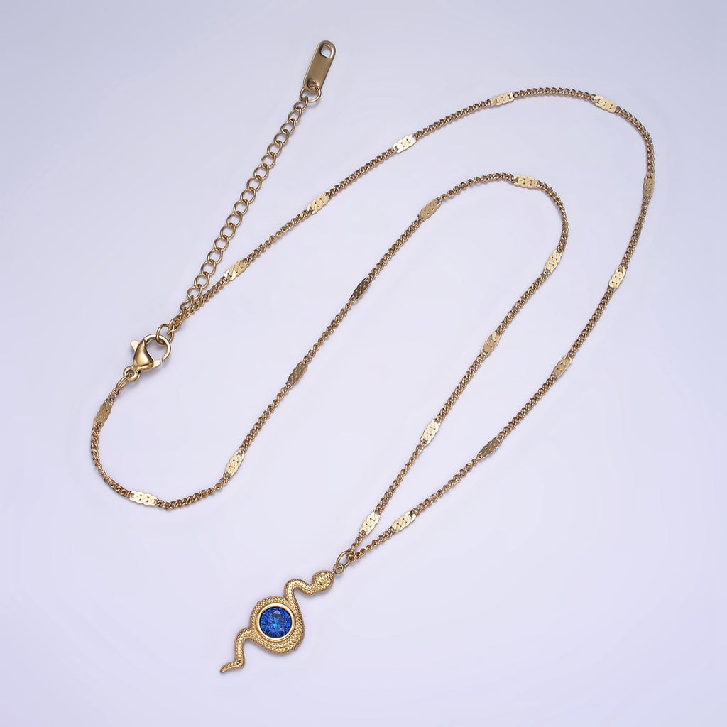 Stainless Steel Blue CZ Snake Charm Textured Curb Chain 17 Inch Necklace w. Extender | WA-02068