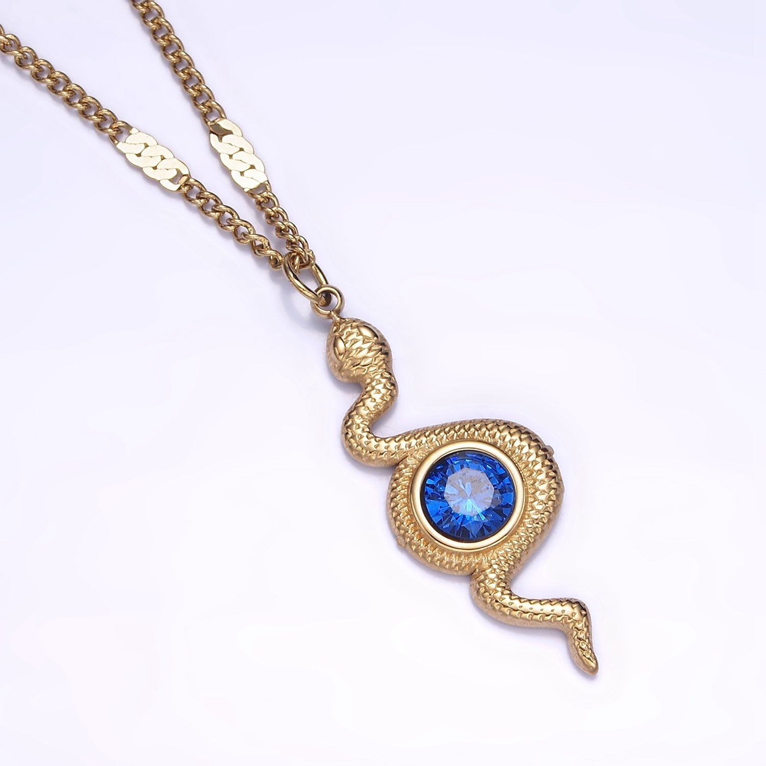 Stainless Steel Blue CZ Snake Charm Textured Curb Chain 17 Inch Necklace w. Extender | WA-02068