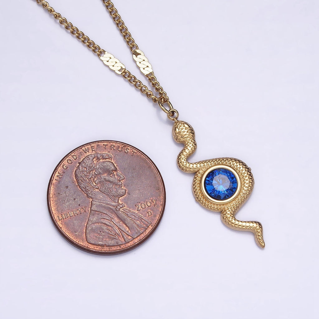 Stainless Steel Blue CZ Snake Charm Textured Curb Chain 17 Inch Necklace w. Extender | WA-02068