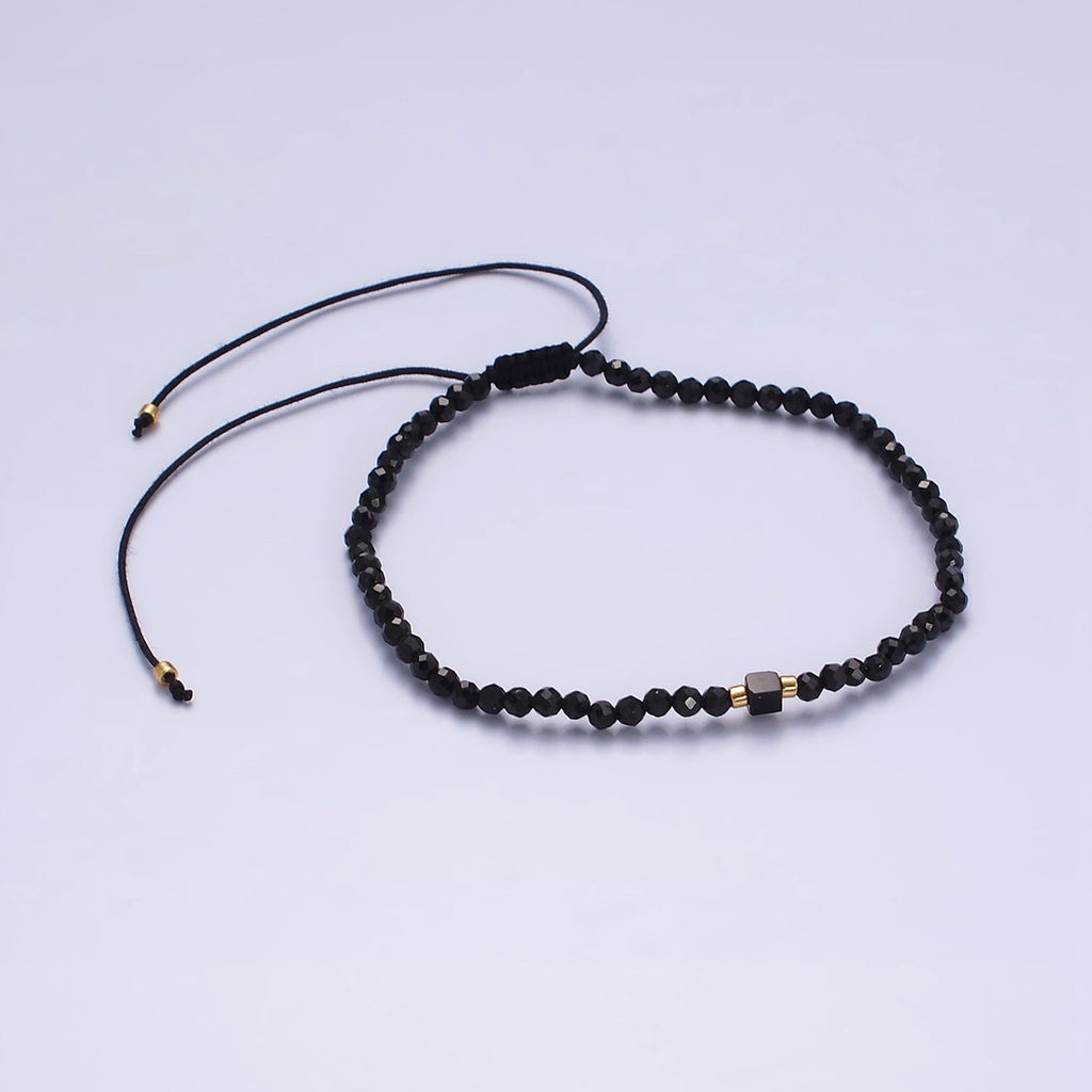 14K Gold plated Black Onyx Multifaceted Rope Adjustable Friendship Bracelet | WA-02165 ~ WA-02167