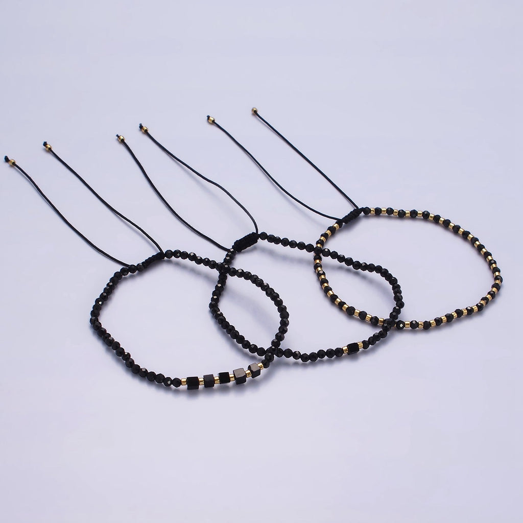 14K Gold plated Black Onyx Multifaceted Rope Adjustable Friendship Bracelet | WA-02165 ~ WA-02167