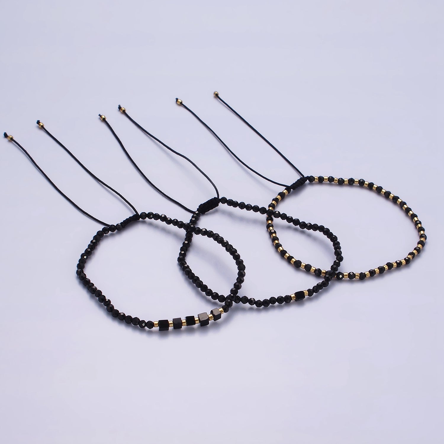 14K Gold plated Black Onyx Multifaceted Rope Adjustable Friendship Bracelet | WA-02165 ~ WA-02167