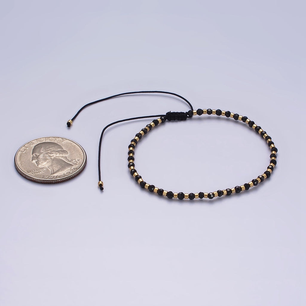 14K Gold plated Black Onyx Multifaceted Rope Adjustable Friendship Bracelet | WA-02165 ~ WA-02167