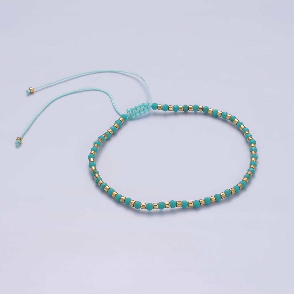 14K Gold plated Blue Turquoise Multifaceted Rope Adjustable Friendship Bracelet | WA-02171 ~ WA-02219