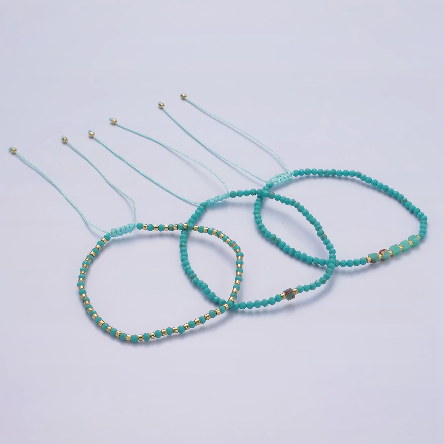 14K Gold plated Blue Turquoise Multifaceted Rope Adjustable Friendship Bracelet | WA-02171 ~ WA-02219