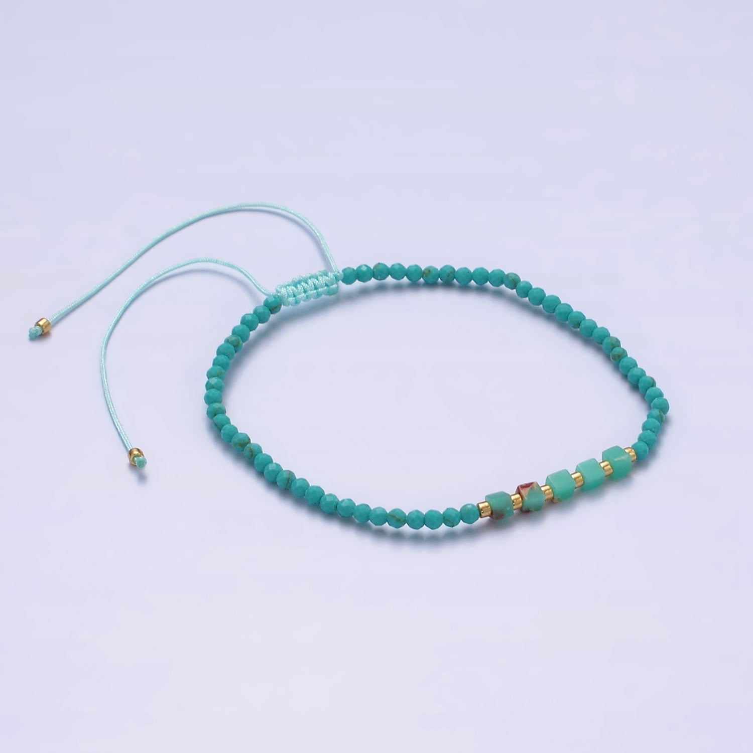 14K Gold plated Blue Turquoise Multifaceted Rope Adjustable Friendship Bracelet | WA-02171 ~ WA-02219