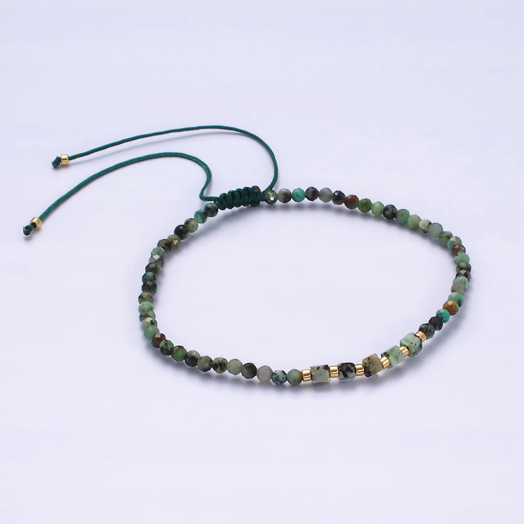 14K Gold plated Green Moss Agate Multifaceted Rope Adjustable Friendship Bracelet | WA-02174 ~ WA-02176
