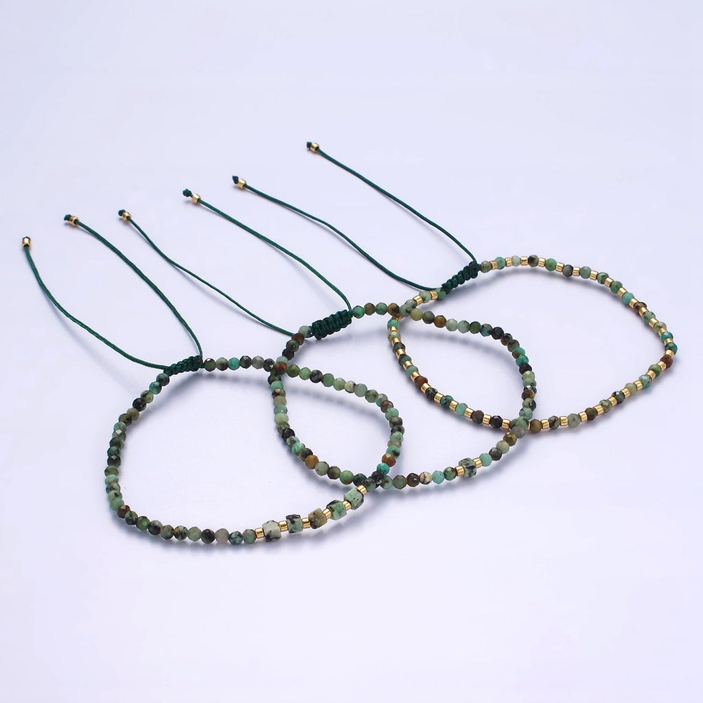 14K Gold plated Green Moss Agate Multifaceted Rope Adjustable Friendship Bracelet | WA-02174 ~ WA-02176