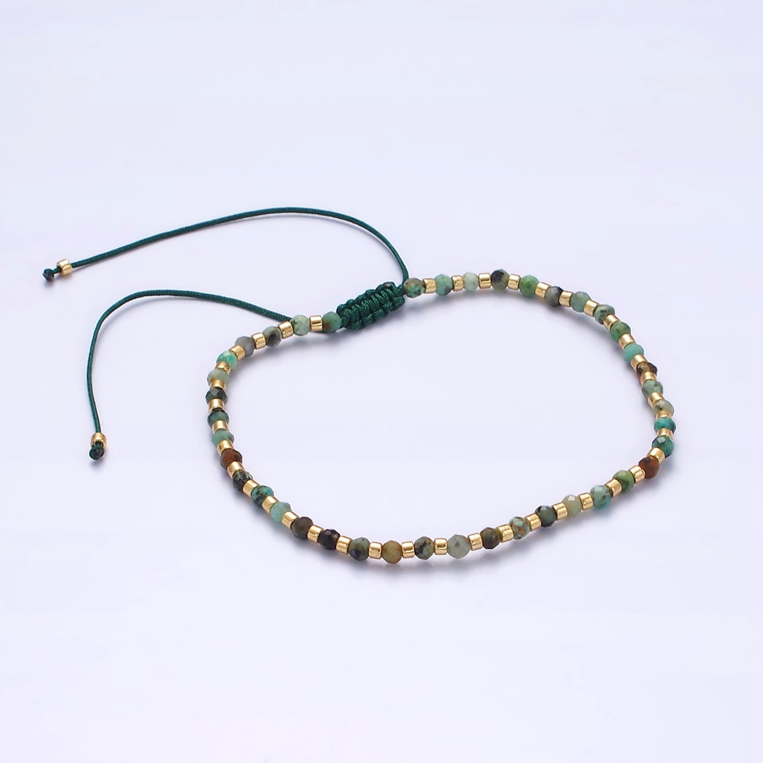 14K Gold plated Green Moss Agate Multifaceted Rope Adjustable Friendship Bracelet | WA-02174 ~ WA-02176