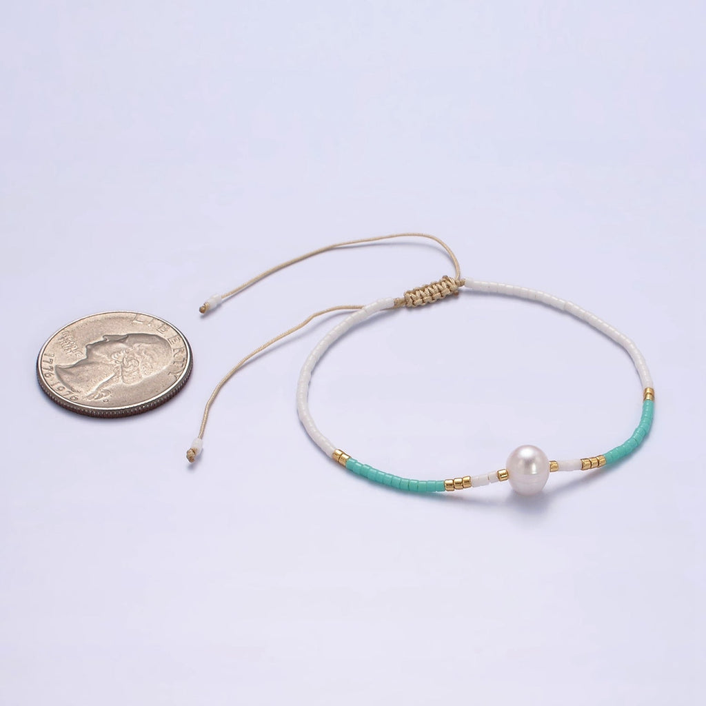 Dainty Shell Pearl Cord Bracelet Turquoise White Gold Cylinder Beaded Adjustable Bracelet WA-2200 - DLUXCA