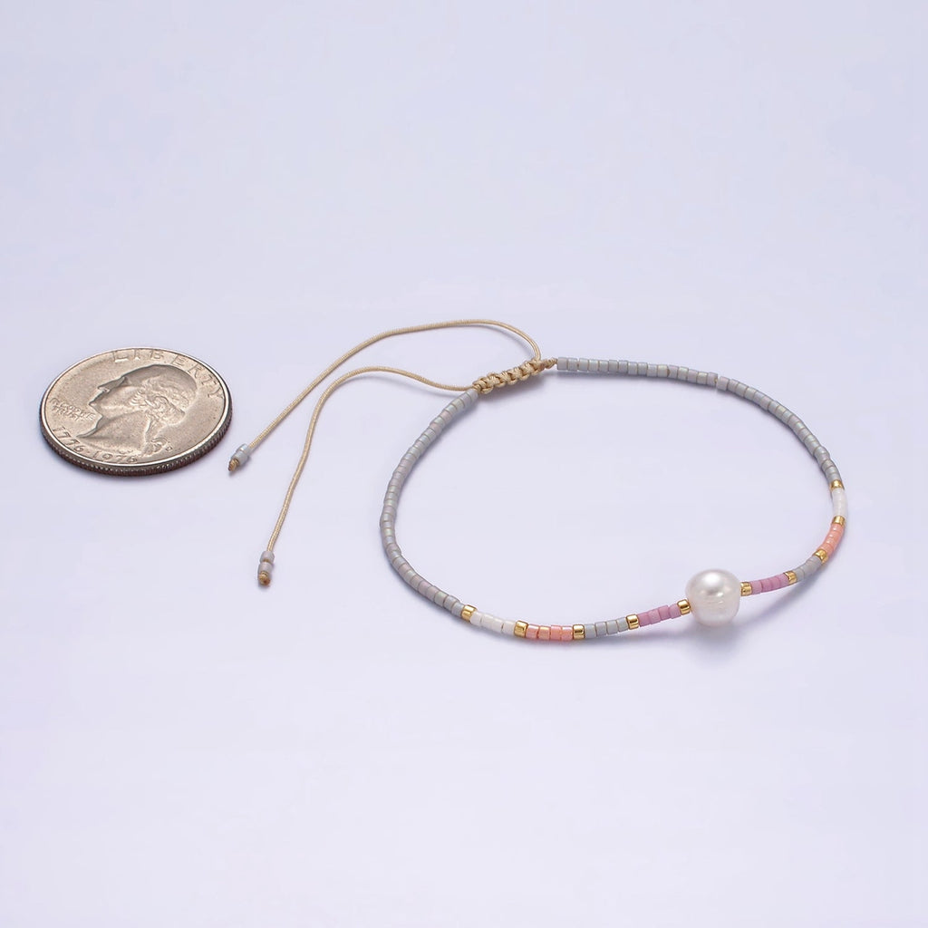 Dainty Shell Pearl Cord Bracelet with Gray Pink Gold Cylinder Beaded Adjustable Bracelet WA-2202 - DLUXCA