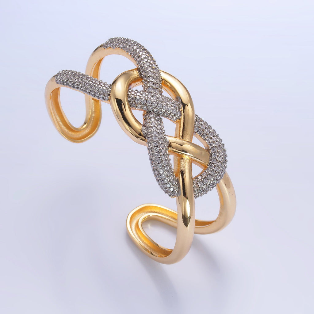 24K Gold plated Micro Paved CZ Mixed Metal Artisan Band Cuff Bracelet | WA-2725