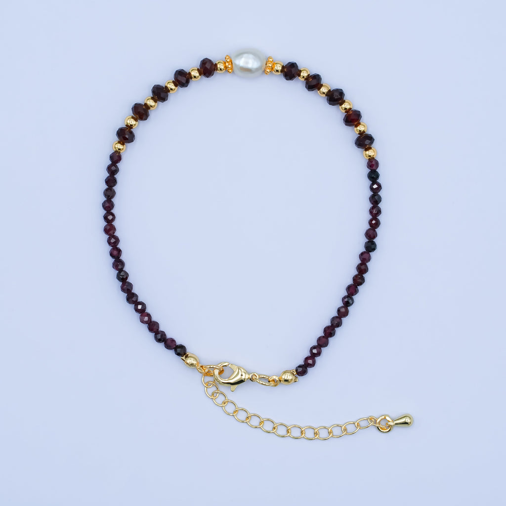 24K Gold plated Shell Pearl Dark Red Multifaceted Gemstone 7.5 Inch Bracelet | WA-2892