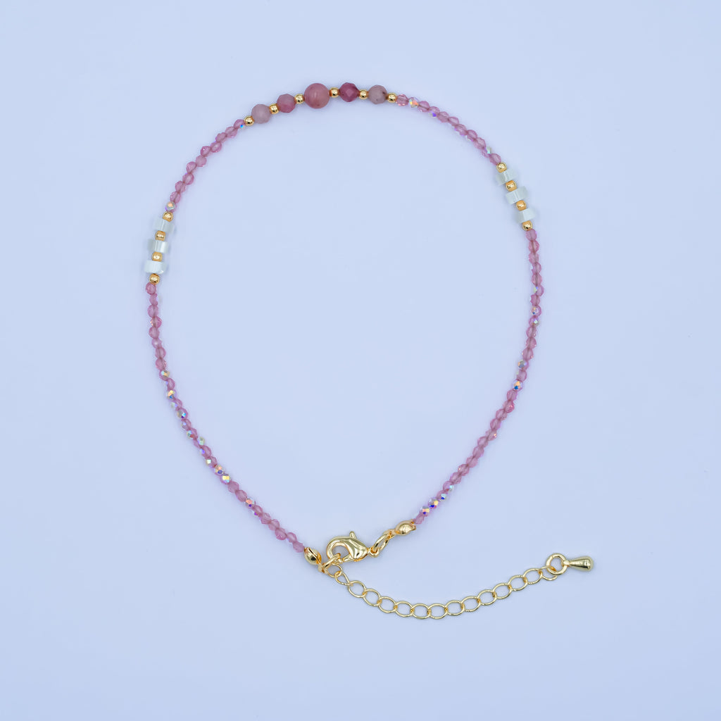24K Gold plated 2mm Shell Pearl Pink Quartz Multifaceted Gemstone 9 Inch Anklet | WA-2945