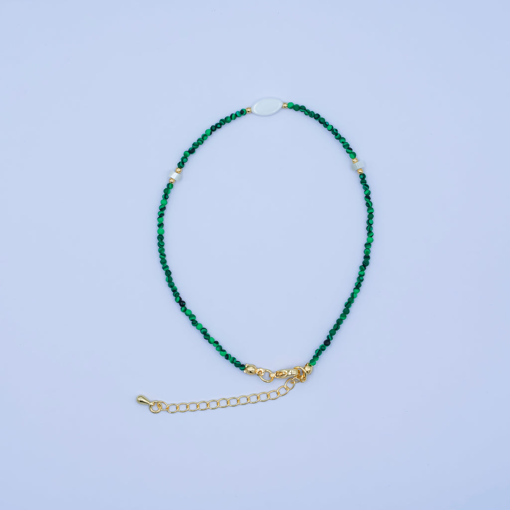24K Gold plated 2mm Shell Pearl Malachite Multifaceted Gemstone 9 Inch Anklet Bracelet | WA-2946