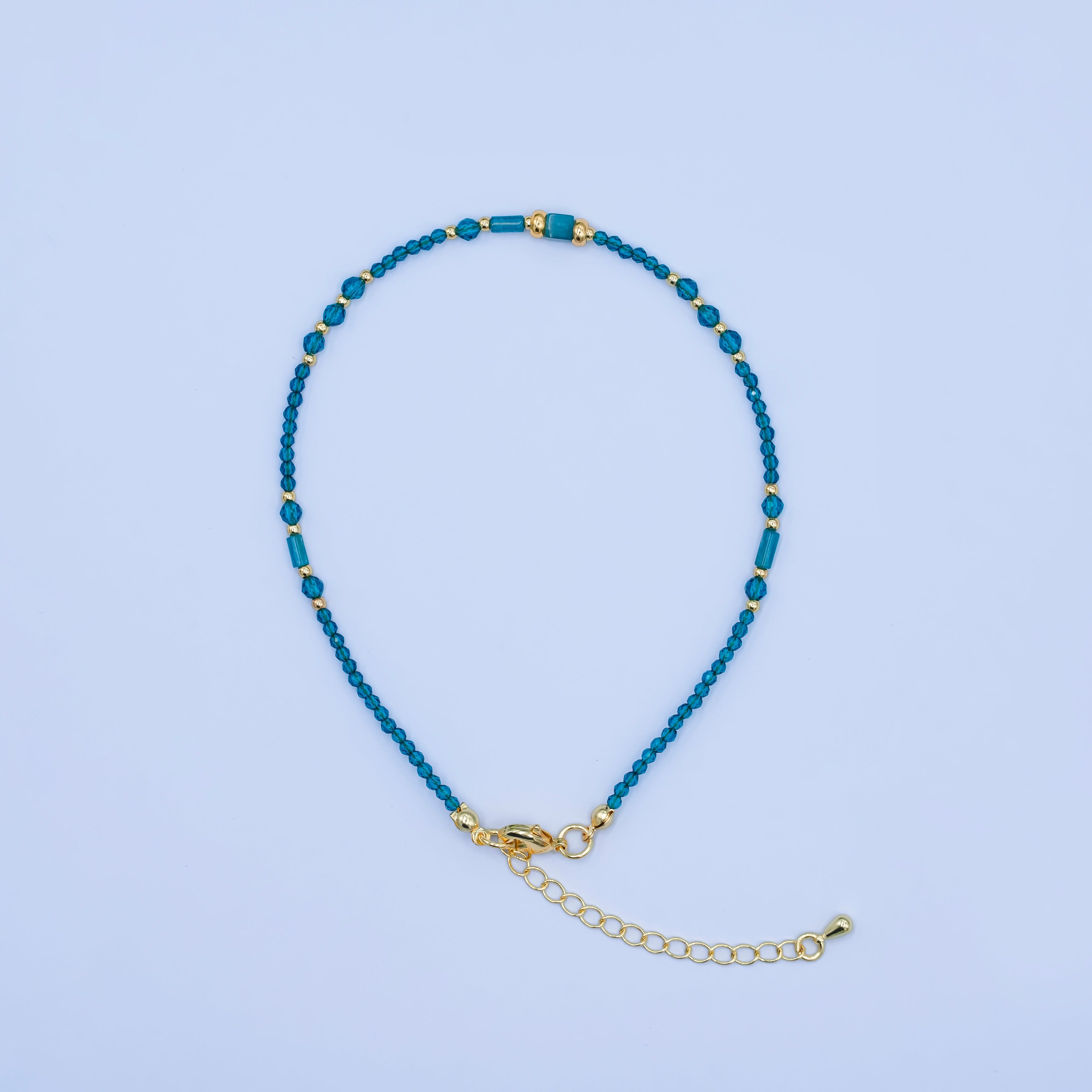 24K Gold plated 2mm Blue Multifaceted Gemstone 9 Inch Anklet Bracelet | WA-2947