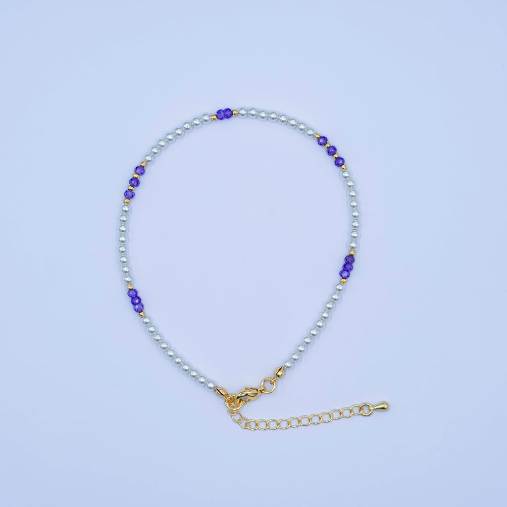 24K Gold plated 2mm Purple White Round Gemstone 9 Inch Anklet | WA-2948