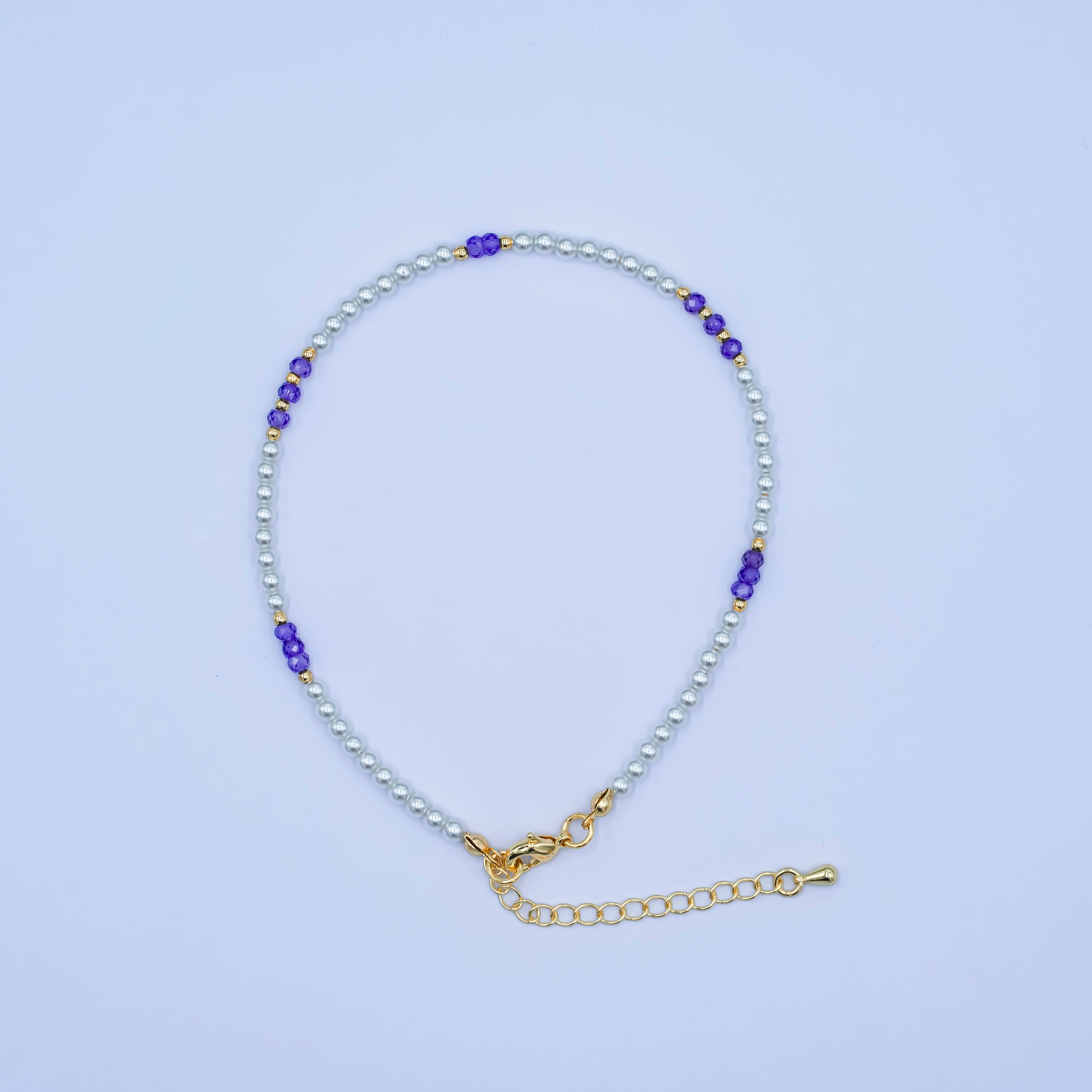 24K Gold plated 2mm Purple White Round Gemstone 9 Inch Anklet | WA-2948