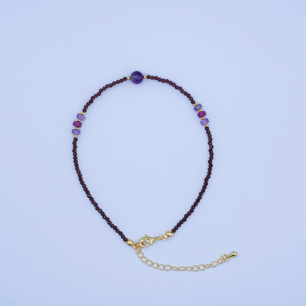24K Gold plated 2mm Purple Amethyst Multifaceted Gemstone 9 Inch Anklet | WA-2950