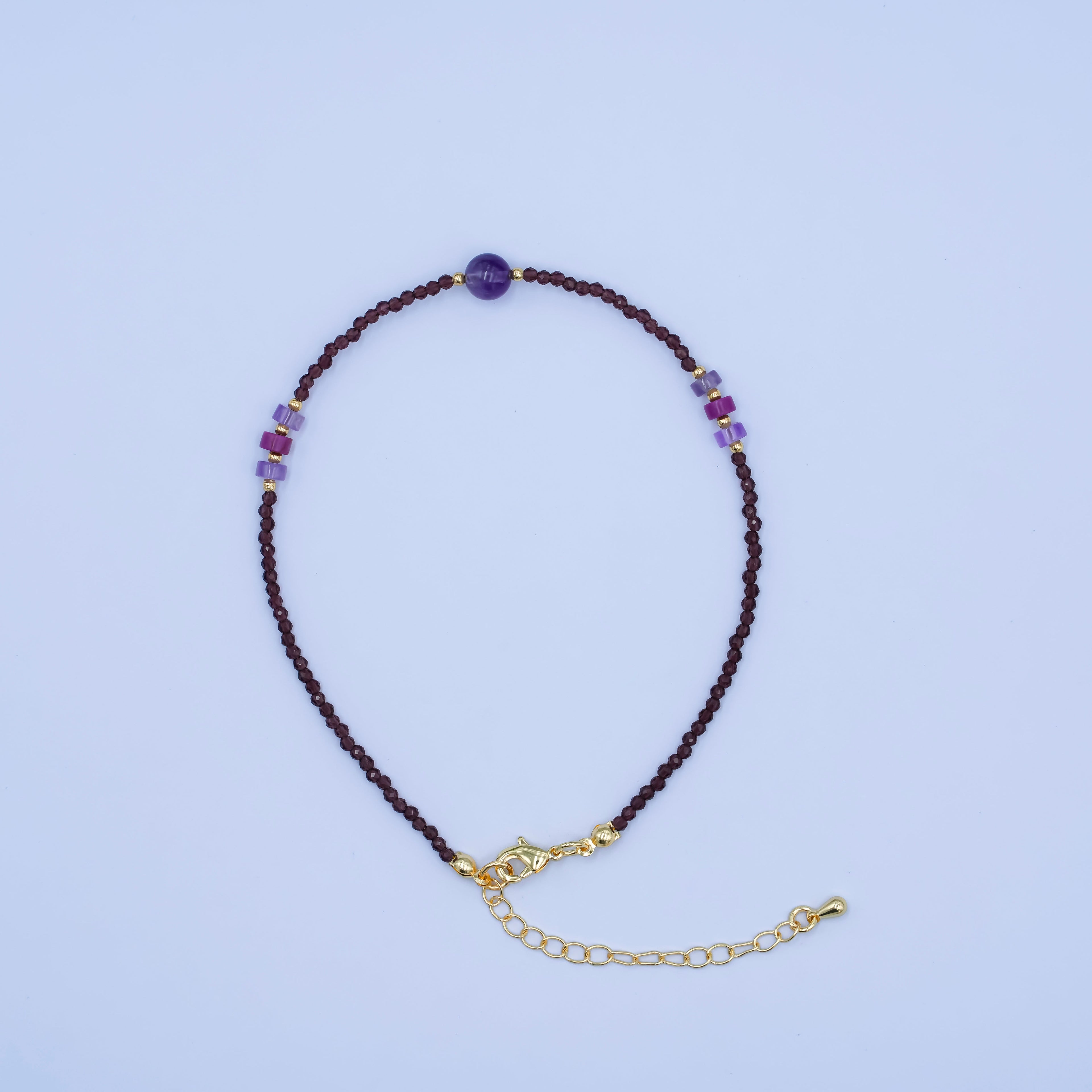 24K Gold plated 2mm Purple Amethyst Multifaceted Gemstone 9 Inch Anklet | WA-2950