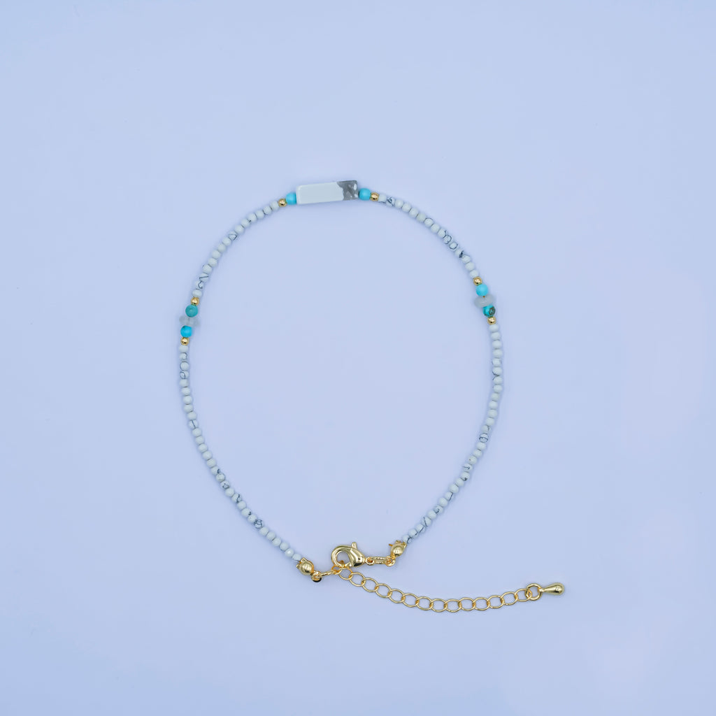 24K Gold plated 2mm Blue Turquoise Howlite Gemstone 9.5 Inch Anklet | WA-2952