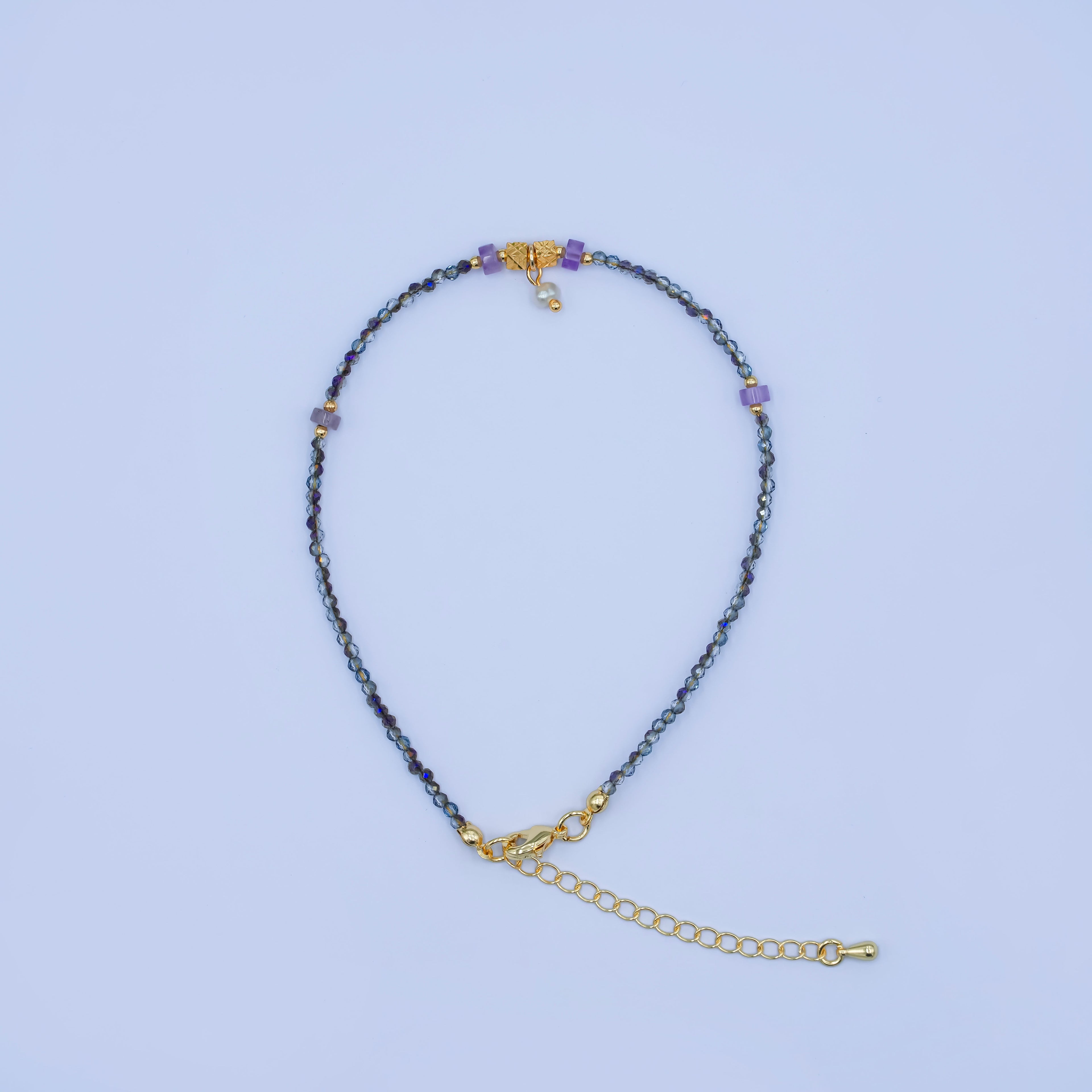 24K Gold plated 2mm Shell Pearl Dark Multifaceted Gemstone 9 Inch Anklet | WA-2953