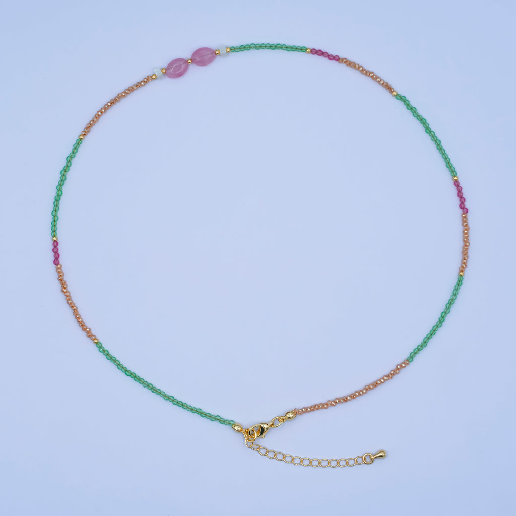 24K Gold plated 2mm Watermelon Quartz Gemstone 16 Inch Necklace | WA-2959