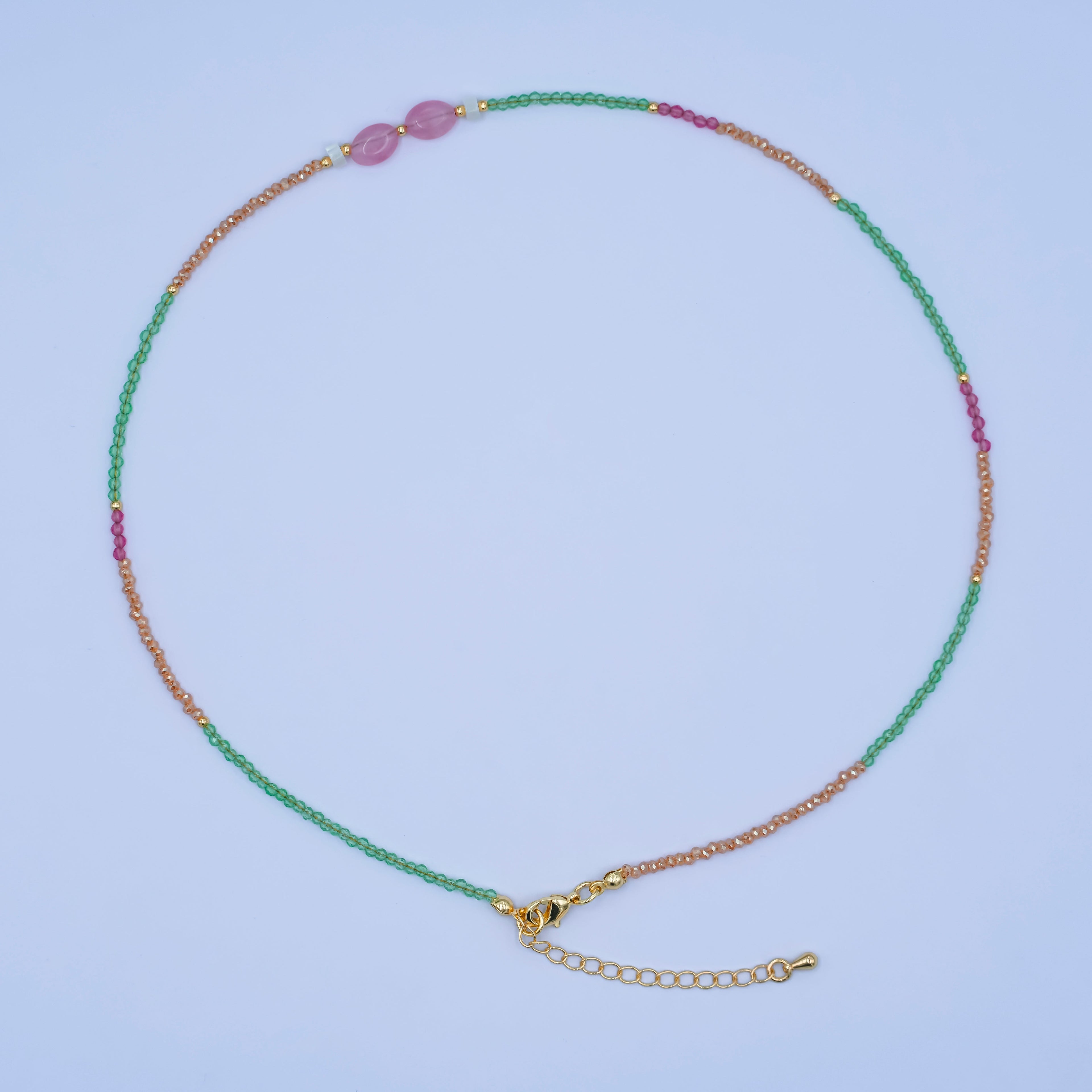 24K Gold plated 2mm Watermelon Quartz Gemstone 16 Inch Necklace | WA-2959