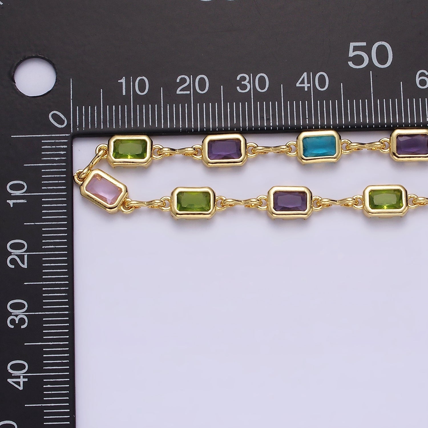 14K Gold plated 5.3mm Multicolor CZ Baguette Figure Eight Link Unfinished Chain | ROLL-01362