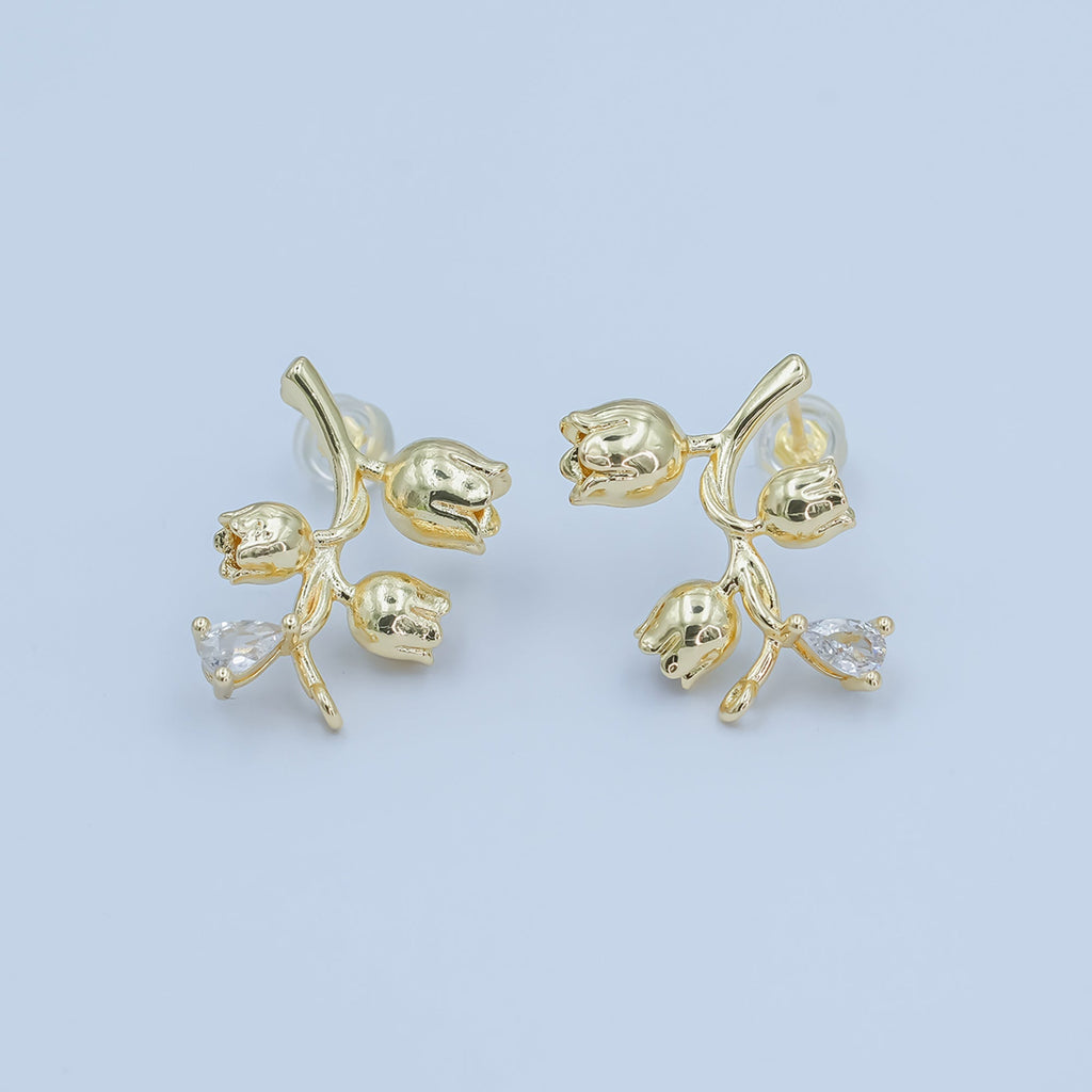 24K Gold plated CZ Rose Flower Stud Drop Earrings | Z1132
