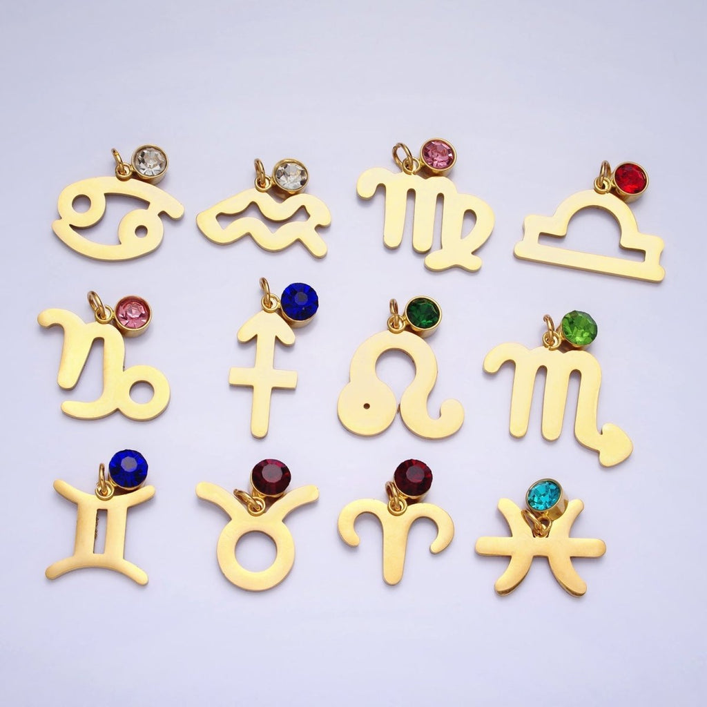 Add on Charm Stainless Steel Zodiac Astrological Signs Birthstone CZ Month Personalized Charm in Gold | A1409-A1414