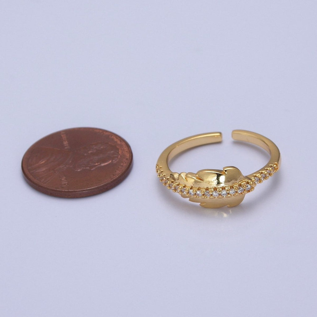 Adjustable Feather Ring, 14K Yellow Gold plated, Dainty Ring Leaf Ring O-2134 - DLUXCA