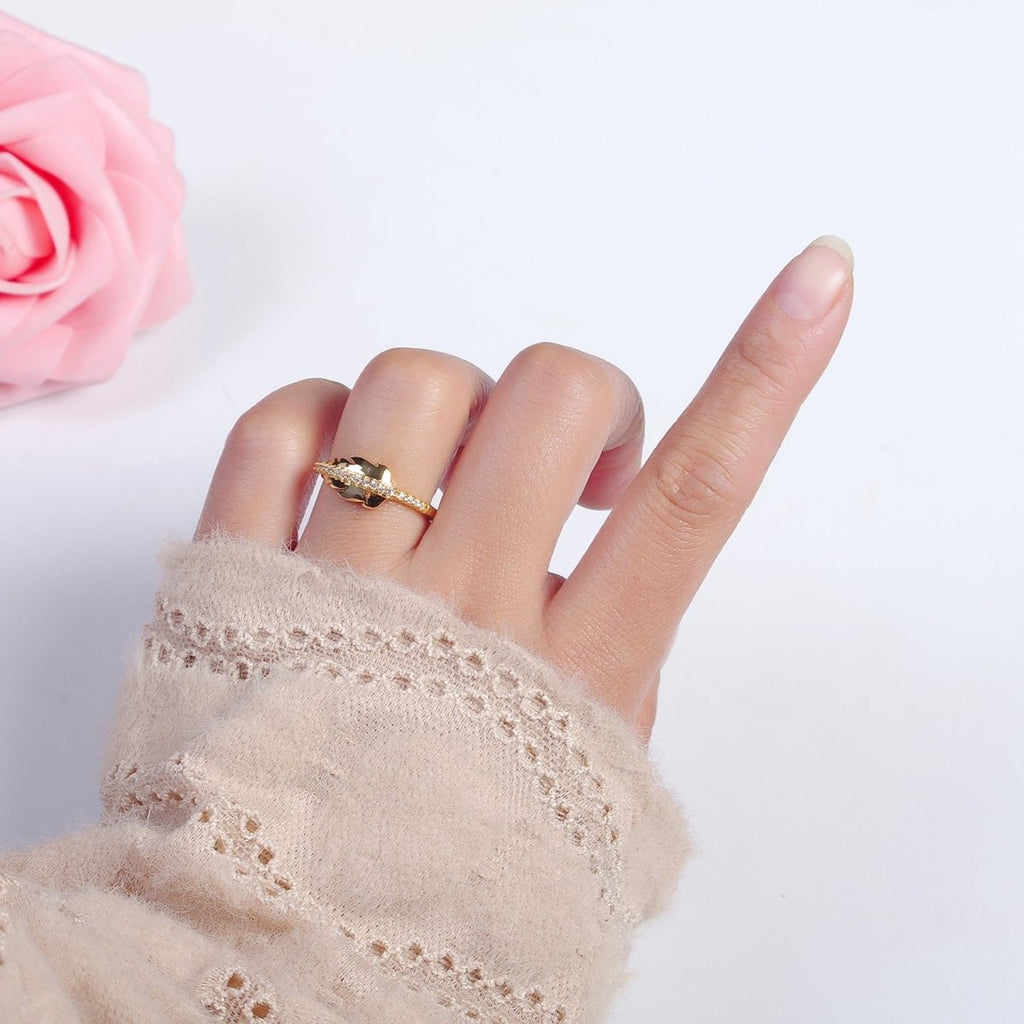 Adjustable Feather Ring, 14K Yellow Gold plated, Dainty Ring Leaf Ring O-2134 - DLUXCA