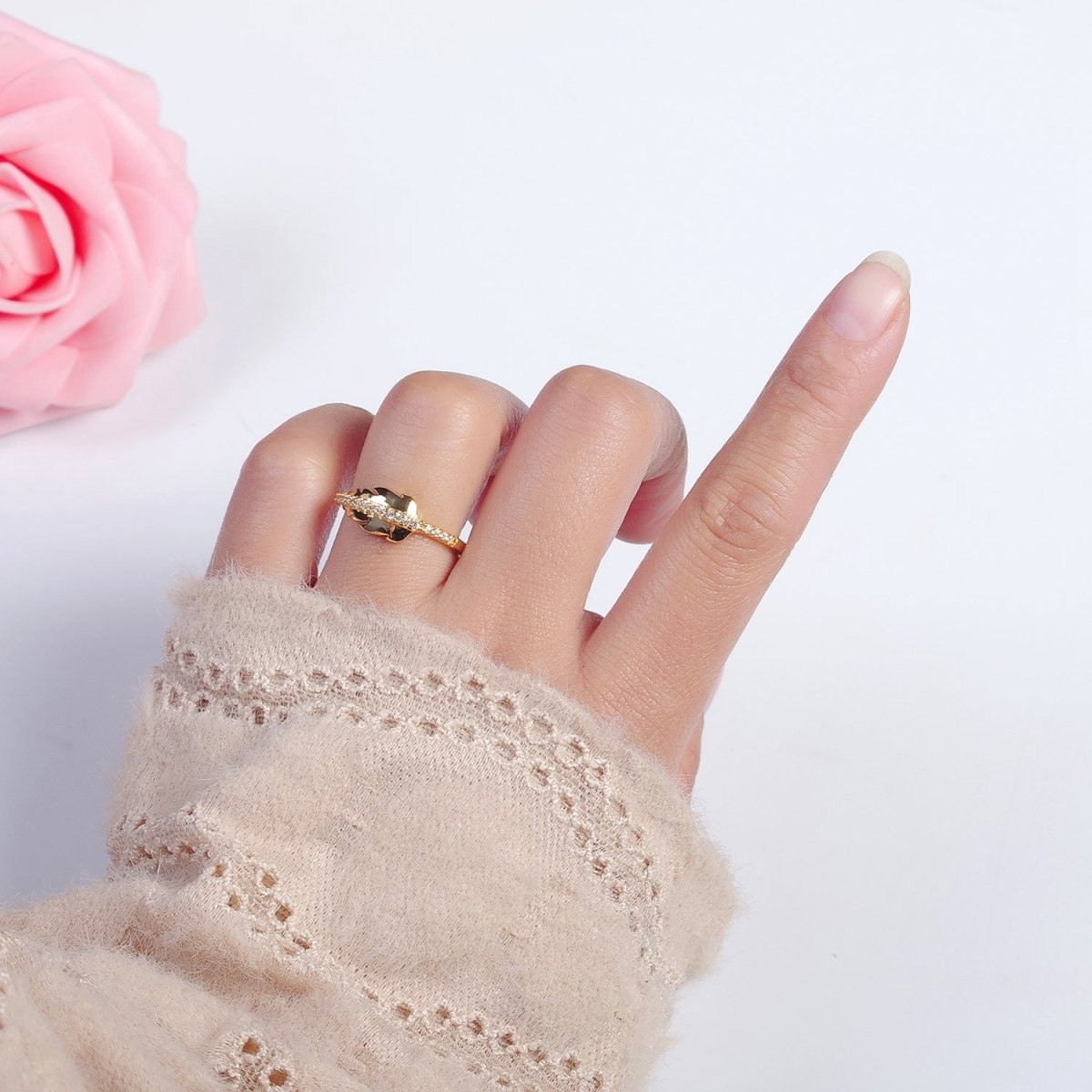 Adjustable Feather Ring, 14K Yellow Gold plated, Dainty Ring Leaf Ring O-2134 - DLUXCA