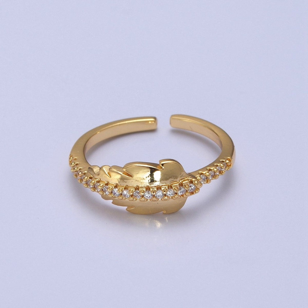 Adjustable Feather Ring, 14K Yellow Gold plated, Dainty Ring Leaf Ring O-2134 - DLUXCA