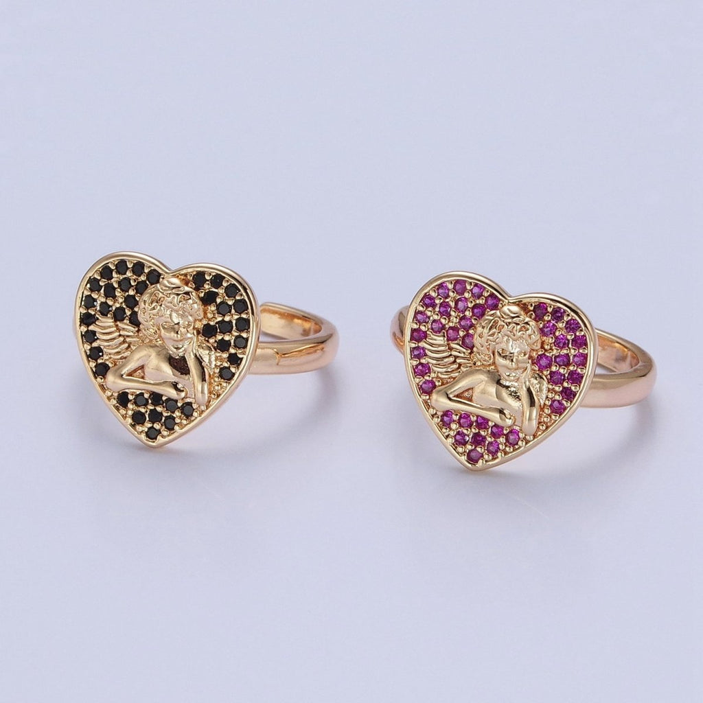 Adjustable heart cherub ring Pave Pink, Black CZ heart angel cherub ring Statement Ring O-747 O-748