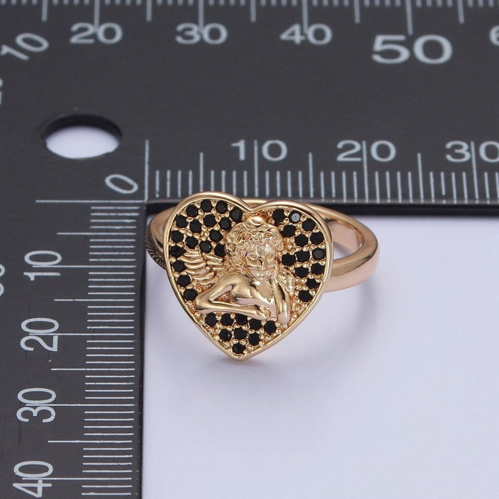 Adjustable heart cherub ring Pave Pink, Black CZ heart angel cherub ring Statement Ring O-747 O-748