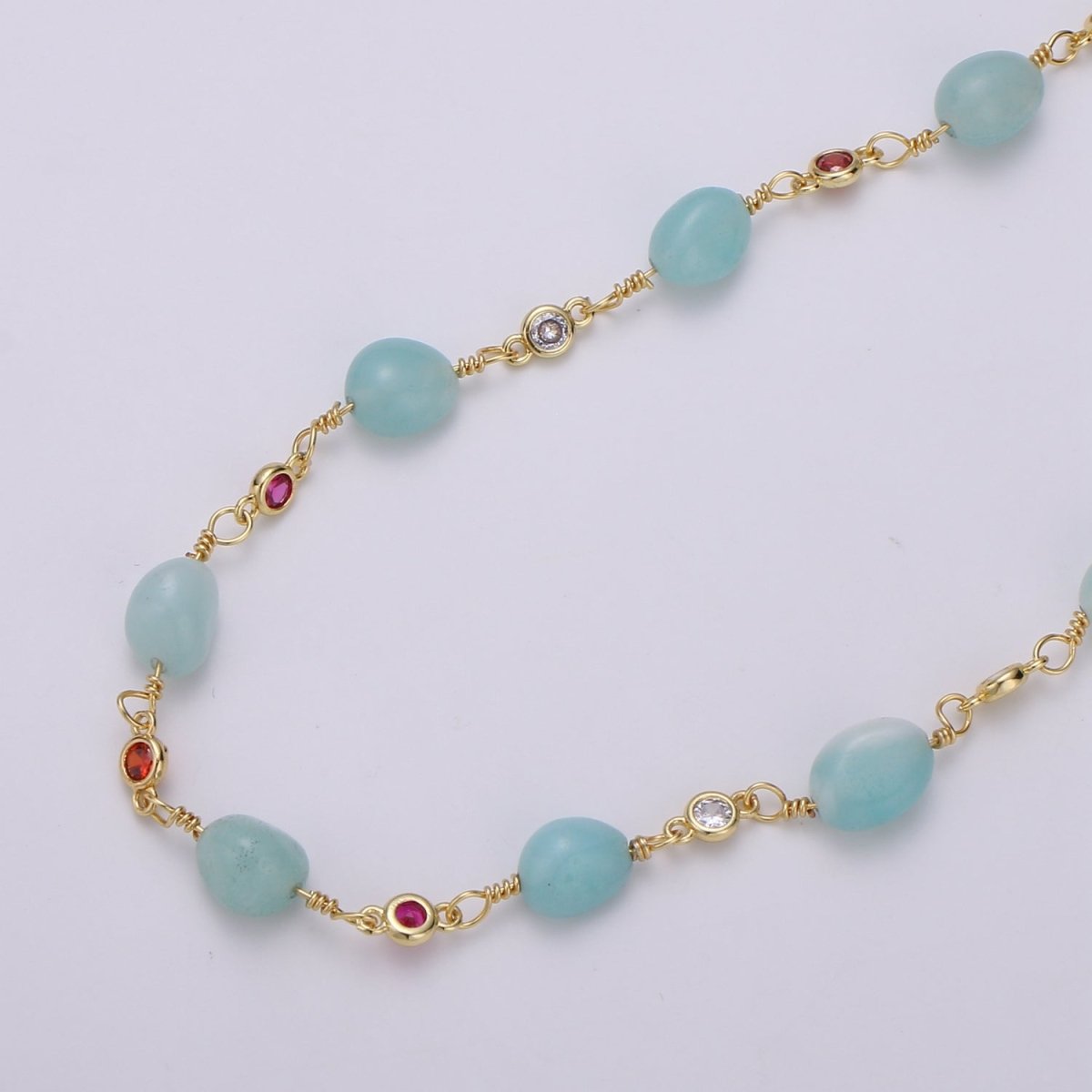 Amazonite Stone Micro Pave Charm 24K Gold plated Chain by Yard, Cubic Round Charm Chain, Semiprecious Stone Heart Chakra Chain | ROLL-335 Clearance Pricing - DLUXCA