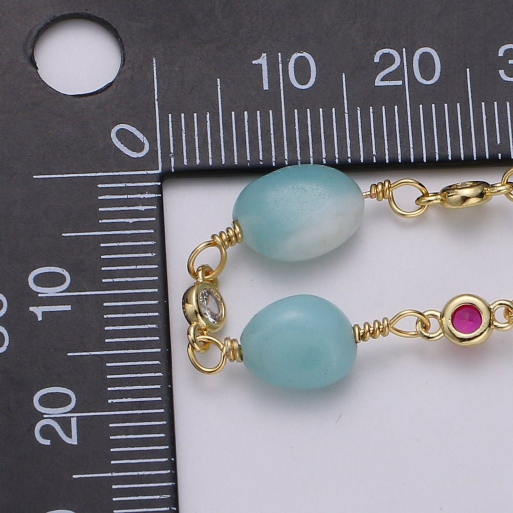 Amazonite Stone Micro Pave Charm 24K Gold plated Chain by Yard, Cubic Round Charm Chain, Semiprecious Stone Heart Chakra Chain | ROLL-335 Clearance Pricing - DLUXCA