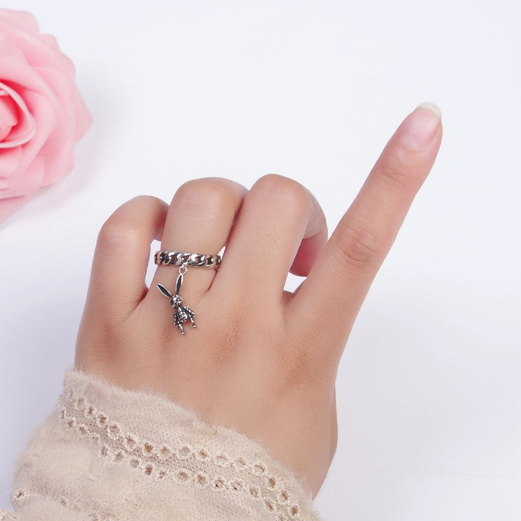 Antique Silver Curb Chain Link with Rabbit Bunny Charm Adjustable Silver Ring | X-577 - DLUXCA